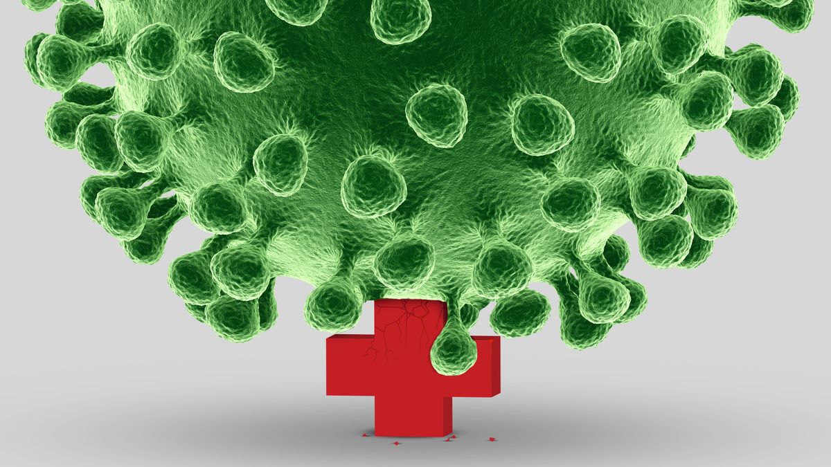 An illustration of the coronavirus crushing an American red cross