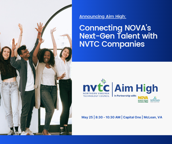 Image of 4 people with hands up along with text: Announcing Aim High: Connecting NOVA's NextGen Talent with NVTC Companies
