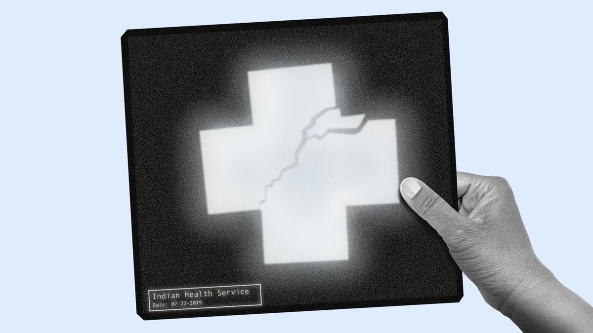 Illustration of an x-ray with a broken red cross that reads "Indian Health Service"