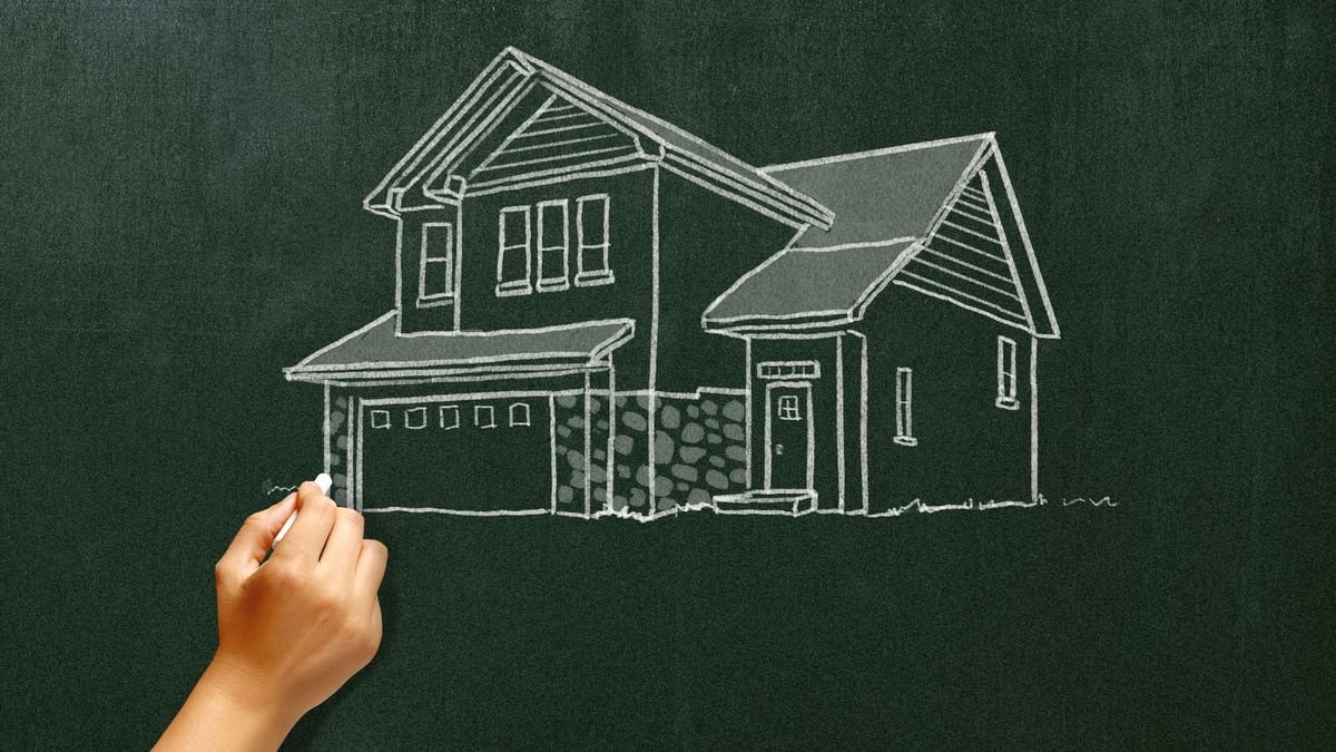 Illustration of a hand drawing a house on a chalkboard