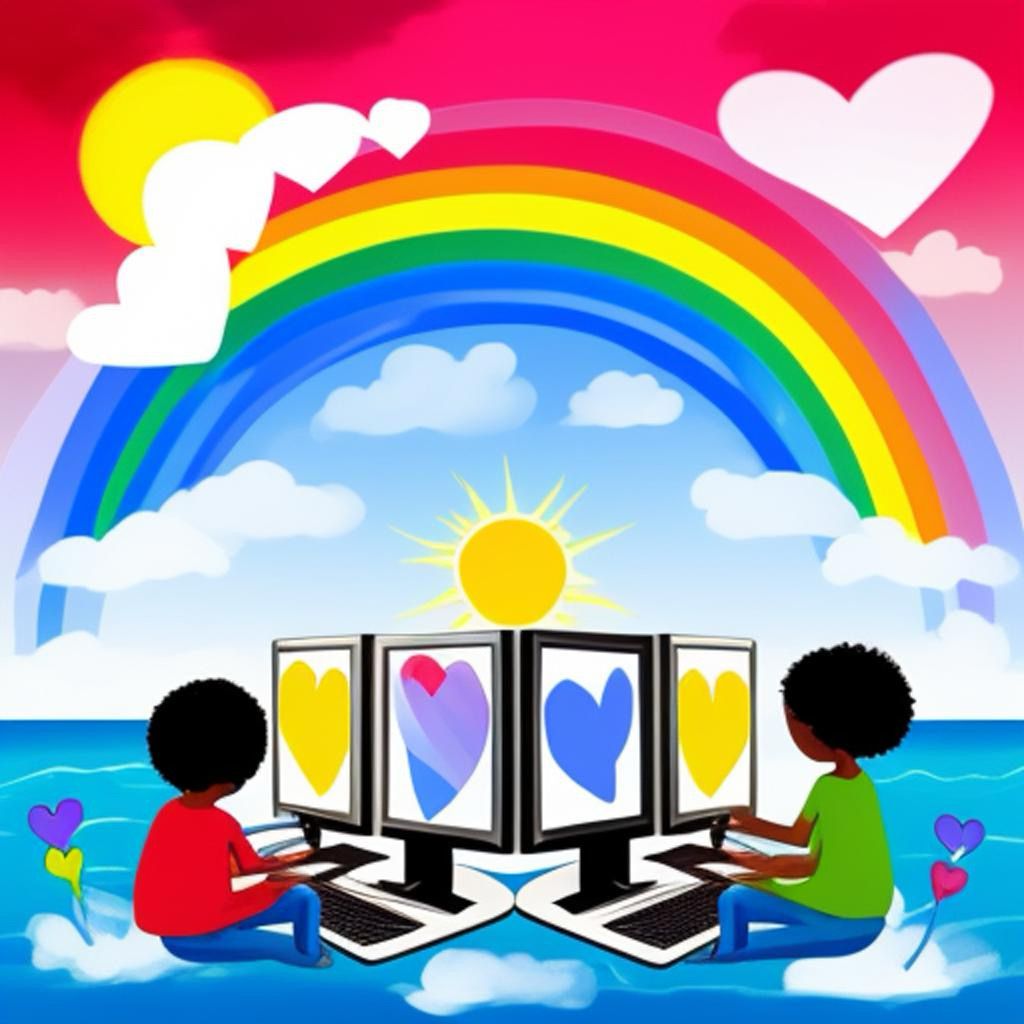 AI Generated Artwork of Children at a Computer with a Rainbow in the background