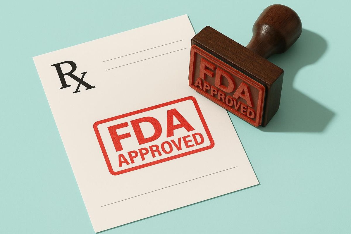 A photorealistic image of a rubber stamp having just stamped the words "FDA Approved" on a doctor's Rx pad