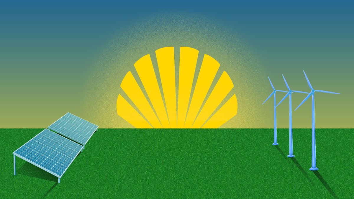 Illustration of Shell logo as sun rising over alternative energy methods