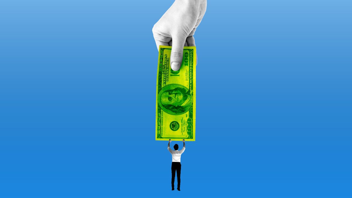 Illustration of a large hand holding a large one hundred dollar bill on one end with a small man dangling off the other end