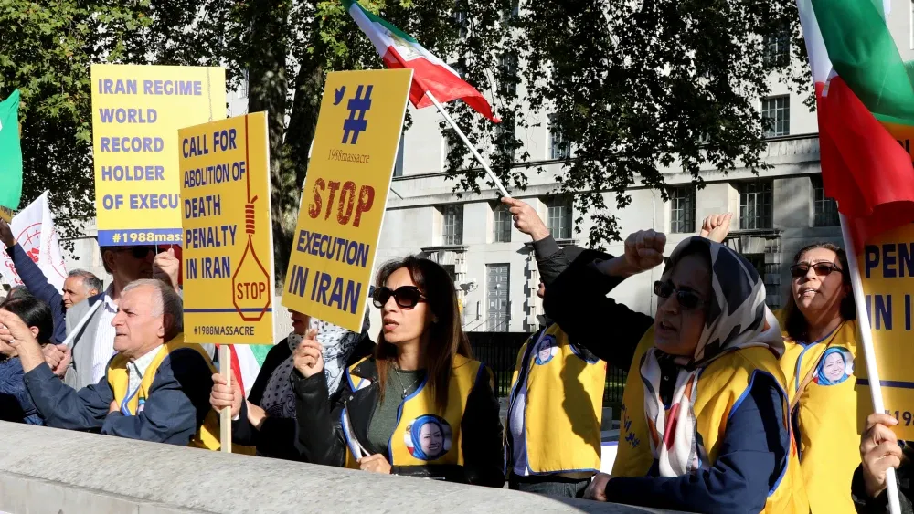 Protesters linked to the Iranian group Mujahedin-e Khalq at a 2018 demonstration in London. Shutterstock