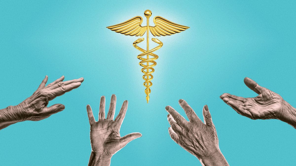 Illustration of hands reaching up towards a caduceus.