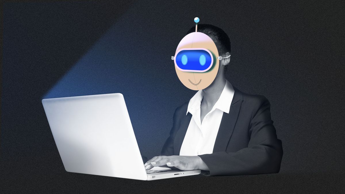 Illustration of a person typing on laptop wearing a smiling robotic face mask