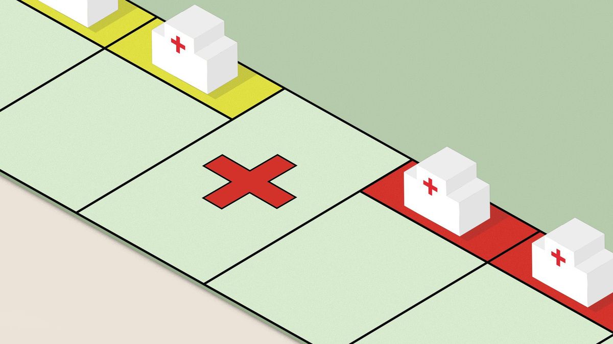 An illustration of hospitals on a Monopoly board