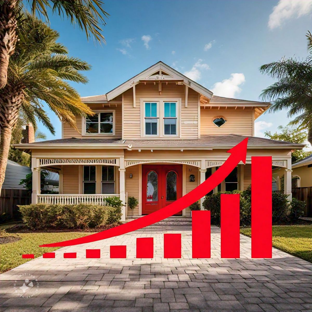 a big red increasing graph in front of a house