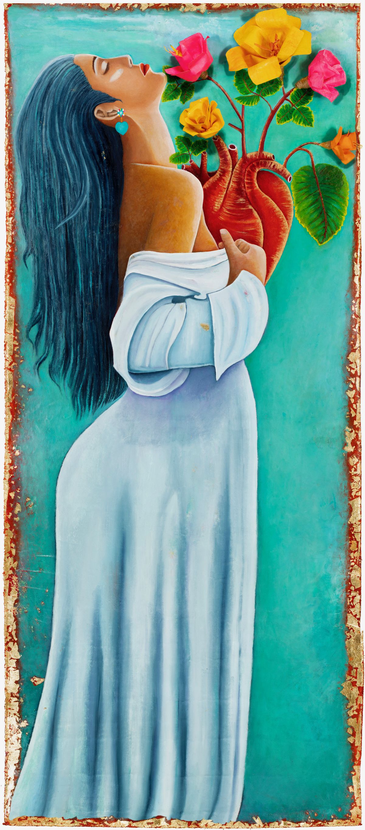 Painting of a woman with long hair smelling a bouquet of flowers.