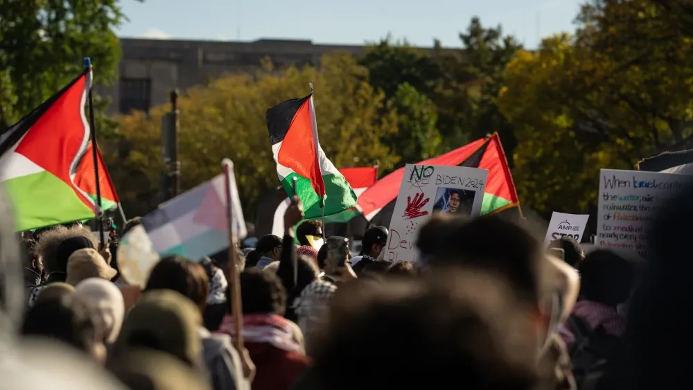 Protesters associated with American Muslims for Palestine (AMP) rally against Israel in Washington, D.C., on October 21, 2023. The Department of Justice today filed suit against AMP and the Party for ...