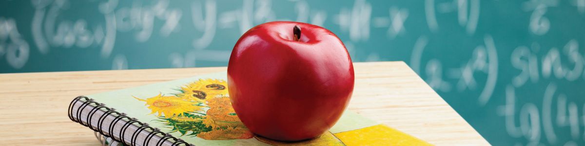 Apple on a desk with notebook