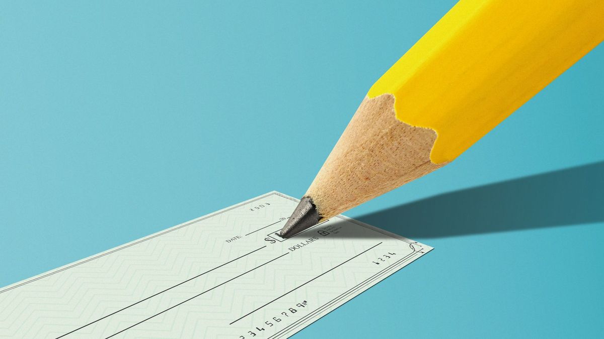 Illustration of a very large pencil filling out a check.
