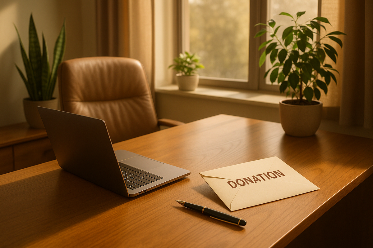 A serene office space bathed in soft afternoon light, showcasing a polished wooden desk with an open laptop, a donation envelope carefully placed beside a stylish pen, and potted plants adding a touch...