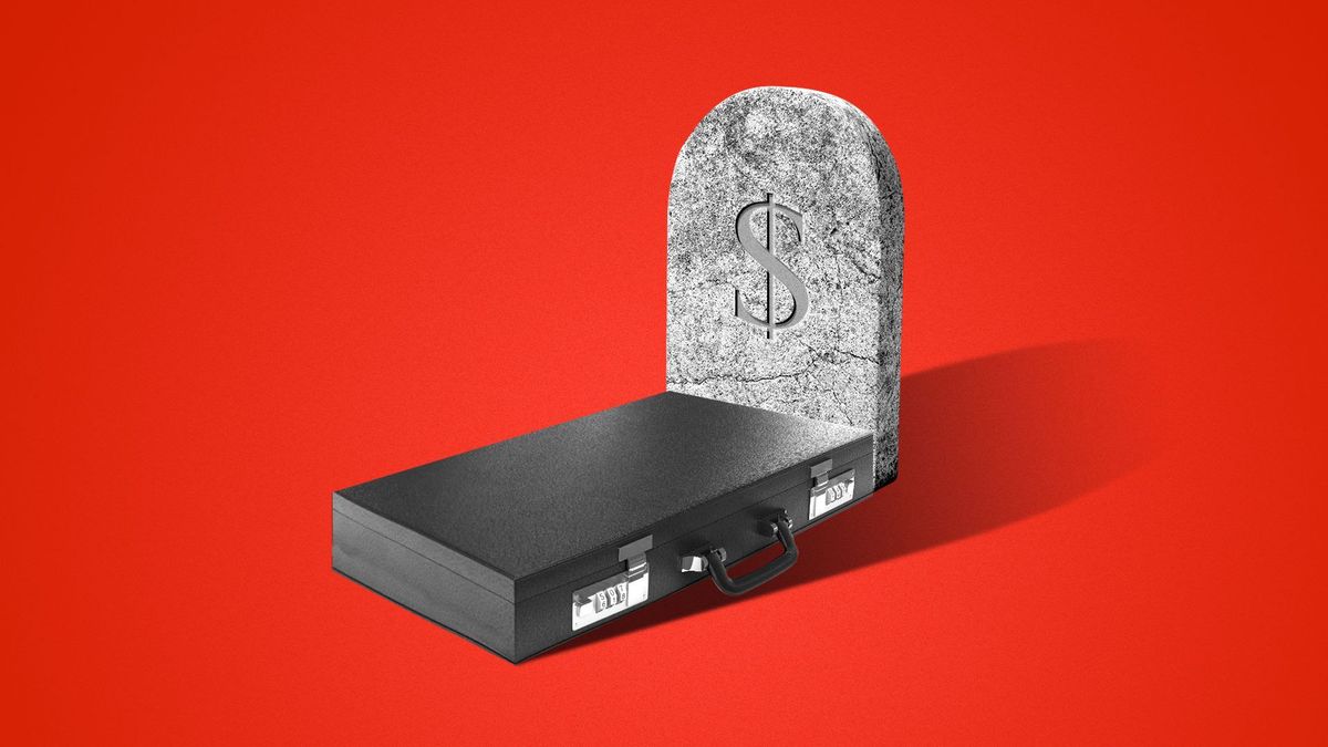 An illustration of a briefcase with a tombstone.