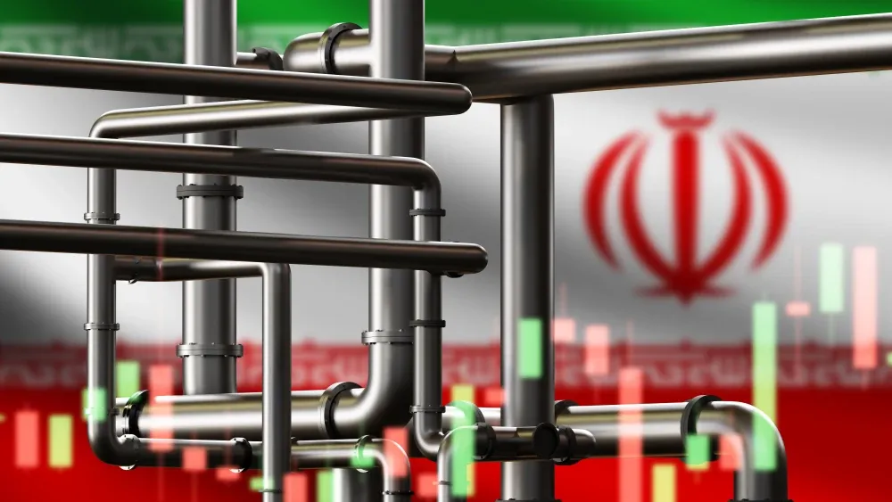 Steel pipes used for an industrial pipeline are shown against the Iranian flag.  Shutterstock