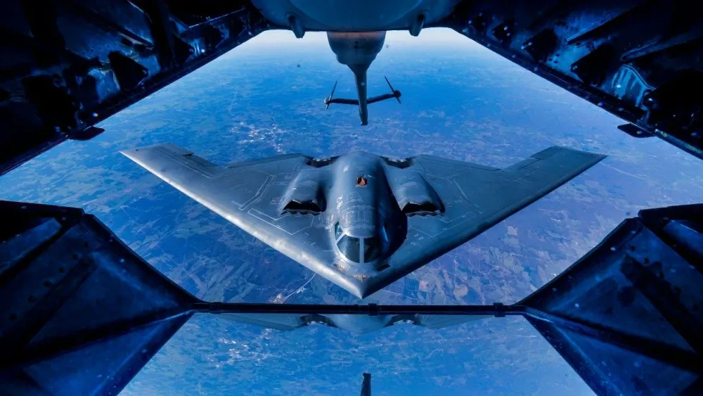 A 2nd Air Refueling Squadron KC-10 Extender from Joint Base McGuire-Dix-Lakehurst, N.J., prepares to refuel a B-2 Spirit, during a training exercise near Kansas in 2016.  (Credit: U.S. Air Force, Staf...