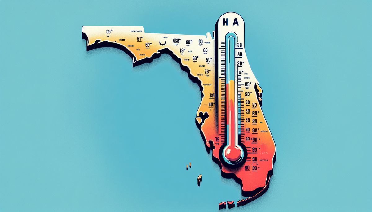 a map of florida with a high temperature thermometer at the bottom and a low temp thermometer at the top