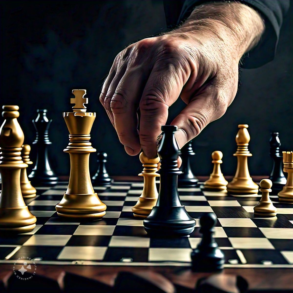 a large hand moving chess pieces on a chess board