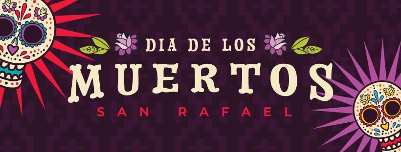 Two colorful skulls on a red background with text