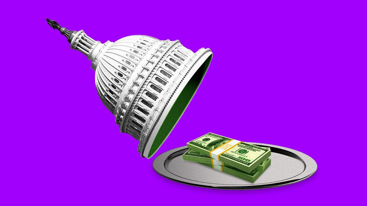 Illustration of Capitol Dome lifted up to show pile of money