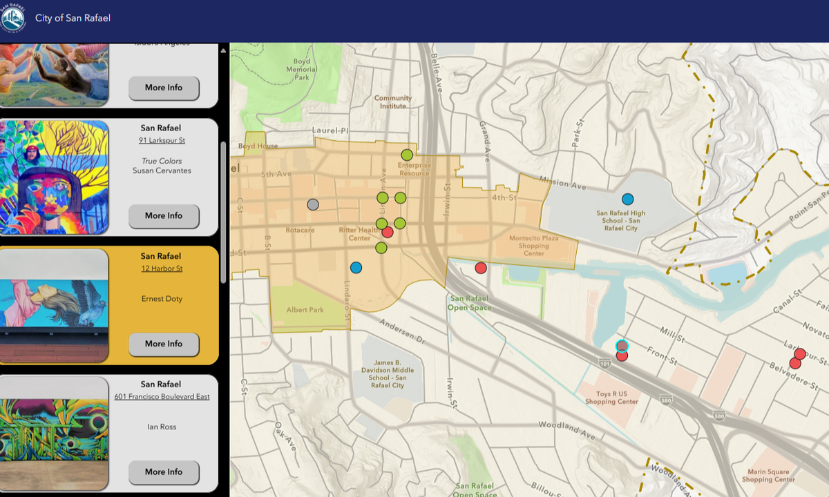 Map of San Rafael showing locations with public art