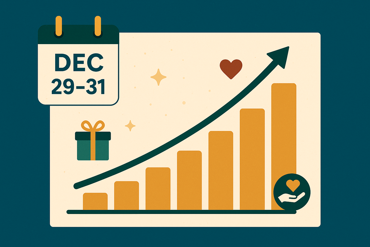 Create a modern, newsletter-style illustration that shows December generosity peaking. Visualize a simple upward graph or bar chart rising sharply at the end of the month, with the final days highligh...