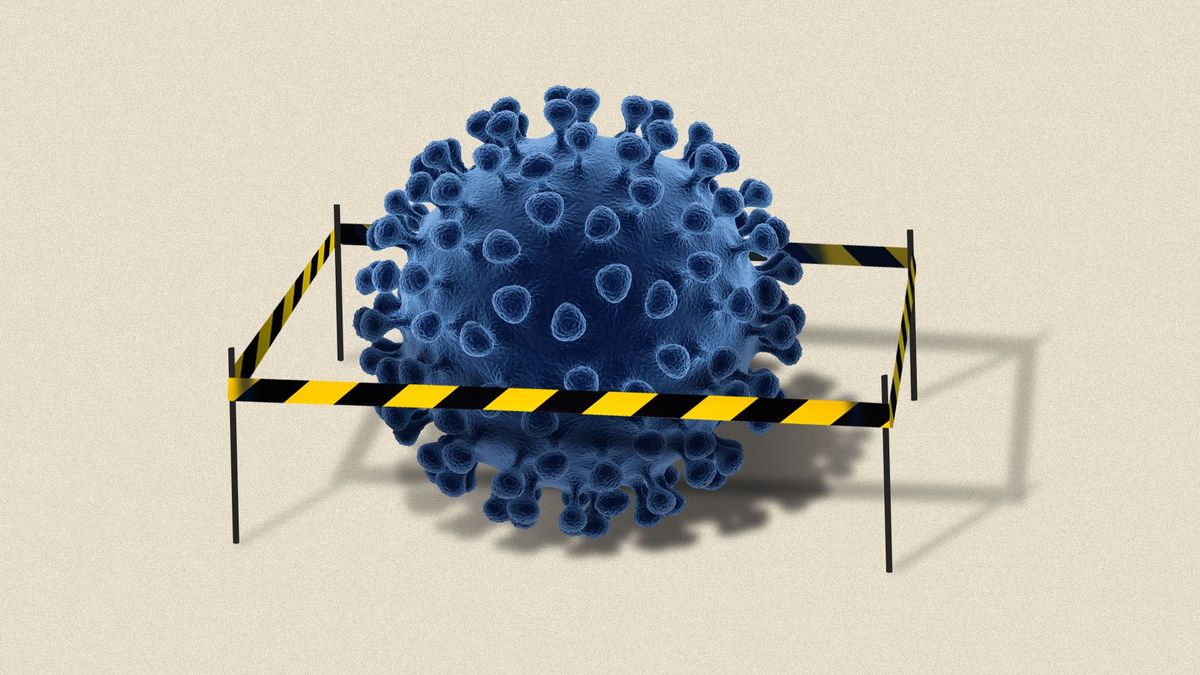 Illustration of a virus surrounded by caution tape