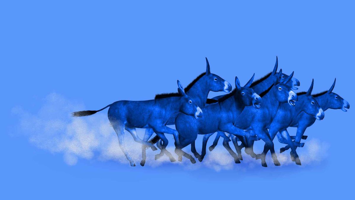 Illustration of a pack of donkeys at a race