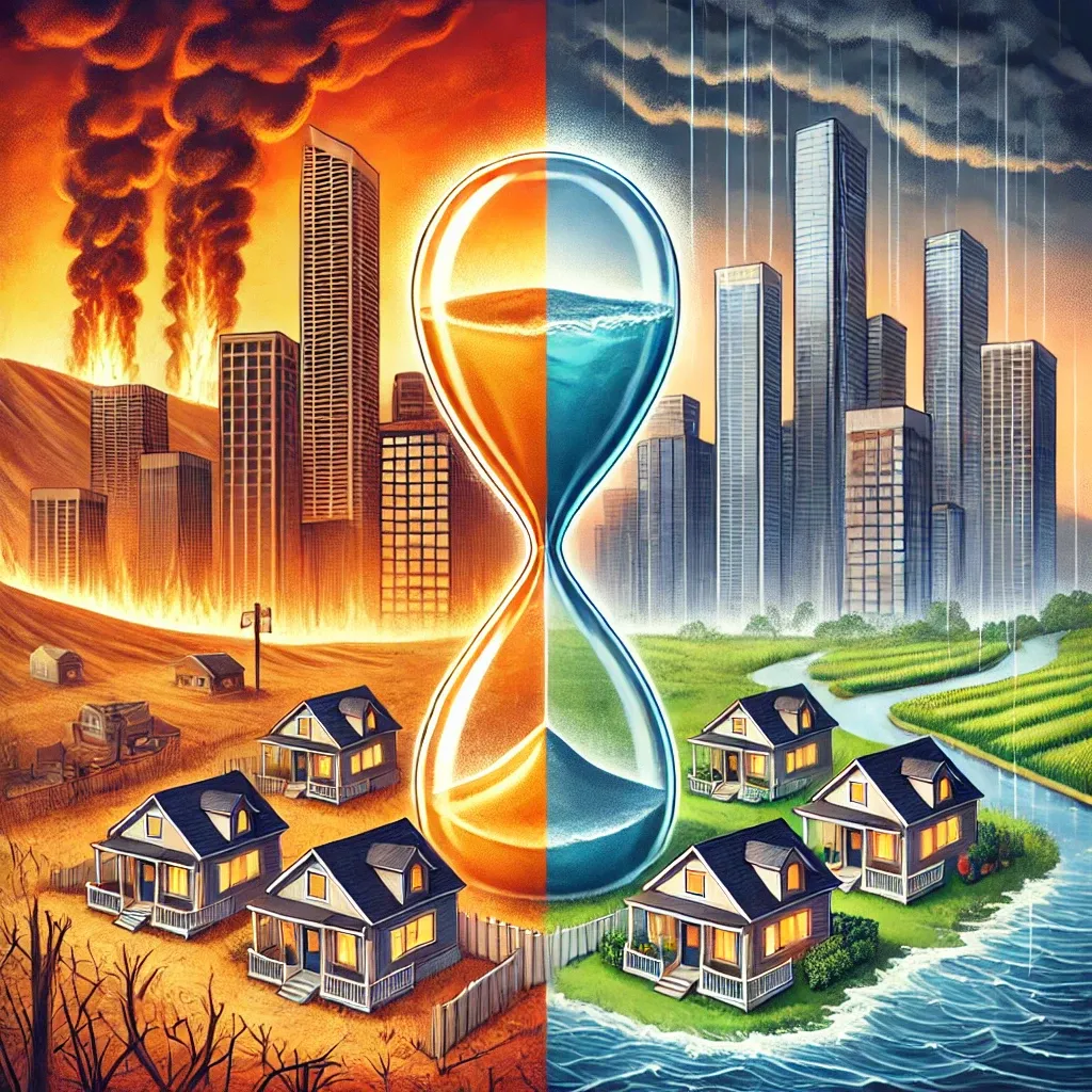 Illustration with orange-red cities and houses burning on left while cities and houses flood in rains on right with an hourglass between the two images