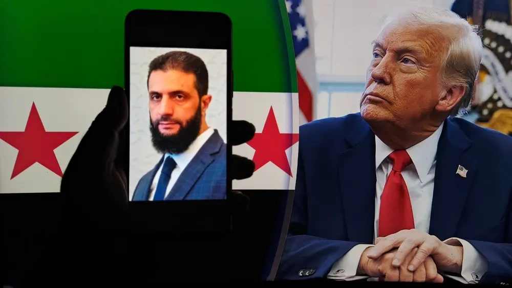 An image of Syria's interim president, Ahmed al-Sharaa, is shown on a smartphone next to U.S. President Donald Trump.  Shutterstock