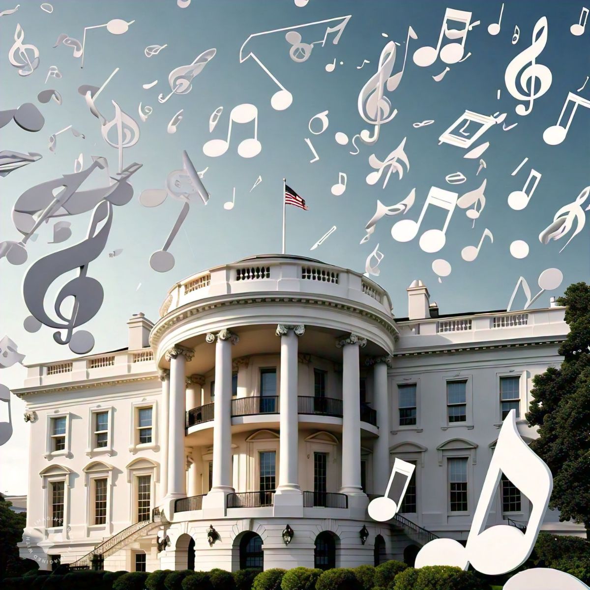 The White House with musical notes chaotically swirling around it