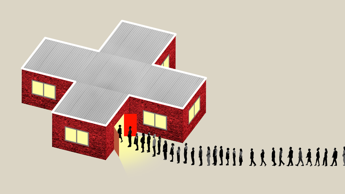 Illustration of people entering a medical building