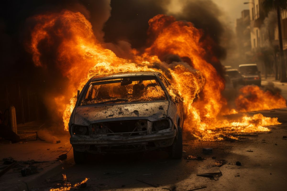 A car is burning outside of Gaza.