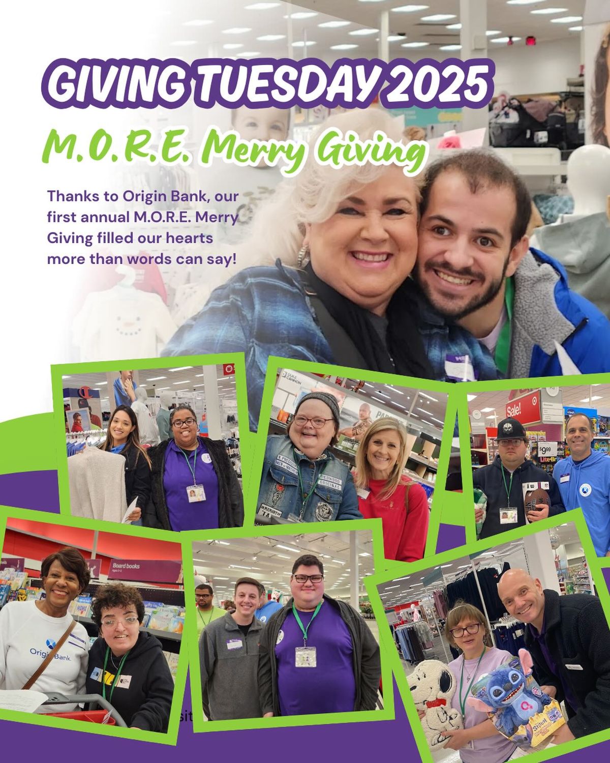 a collage of photos from GivingTuesday with M.O.R.E. with text that reads, "Thanks to Origin Bank, our first annual M.O.R.E. Merry Giving filled our hearts more than words can say."