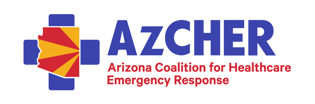 AzCHER logo with a blue cross and an outline of the state of Arizona, which reads "Arizona Coalition for Healthcare Emergency Response.