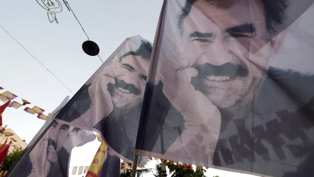A file photo of flags depicting a portrait of Abdullah Öcalan, founding member of the Kurdistan Workers’ Party (PKK), flying in Istanbul, Turkey. Shutterstock
