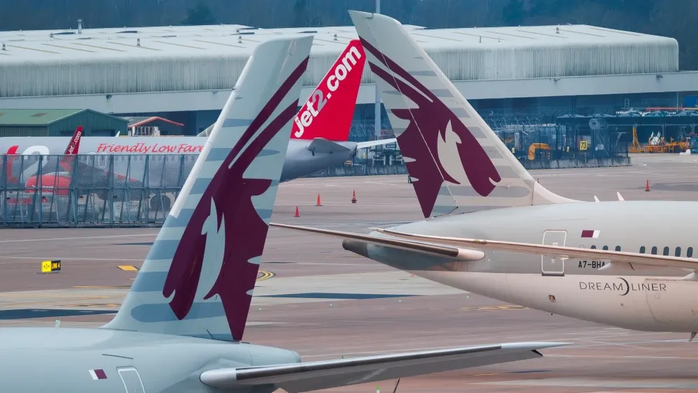 Qatar Airways jets are grounded at Manchester Airport, United Kingdom, because of the Iran war on March 8, 2026.  Shutterstock