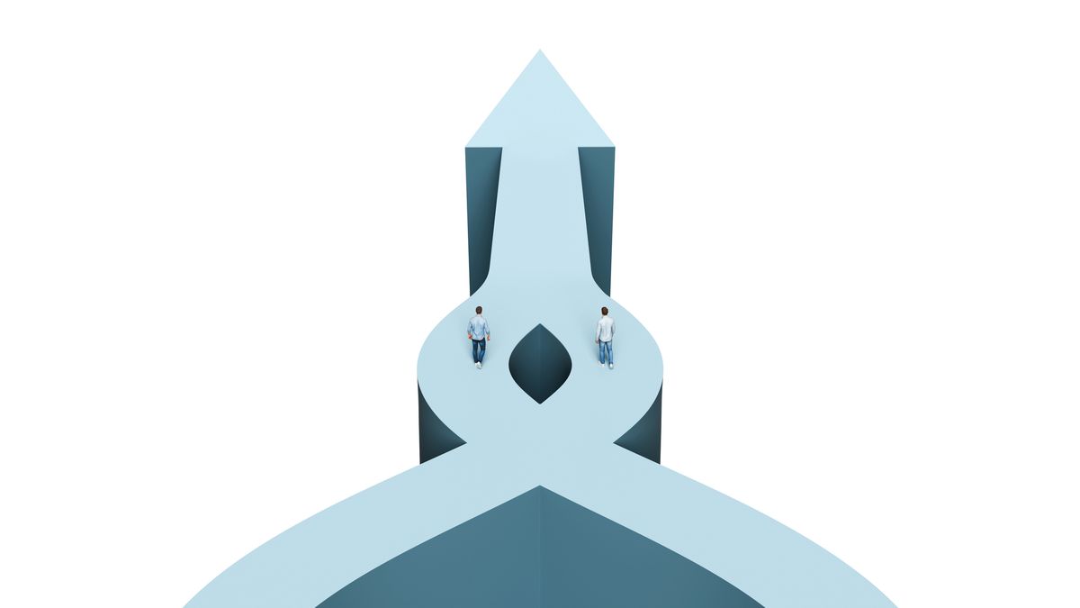 Separate winding paths that merge into a single large upward arrow