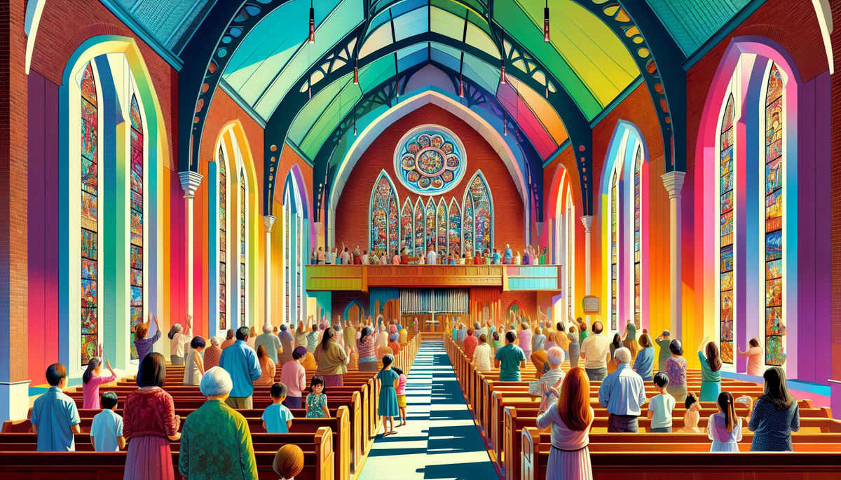 the inside of a vibrant colorful church where intergenerational worship is taking place