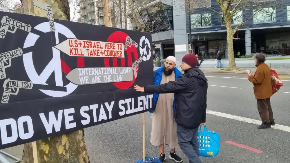 Protesters at a poorly attended Al Quds protest in London promote anti-Israel and anti-Western messaging on behalf of the Islamic Republic of Iran on March 15, 2026.  (Hannah Baldock)
