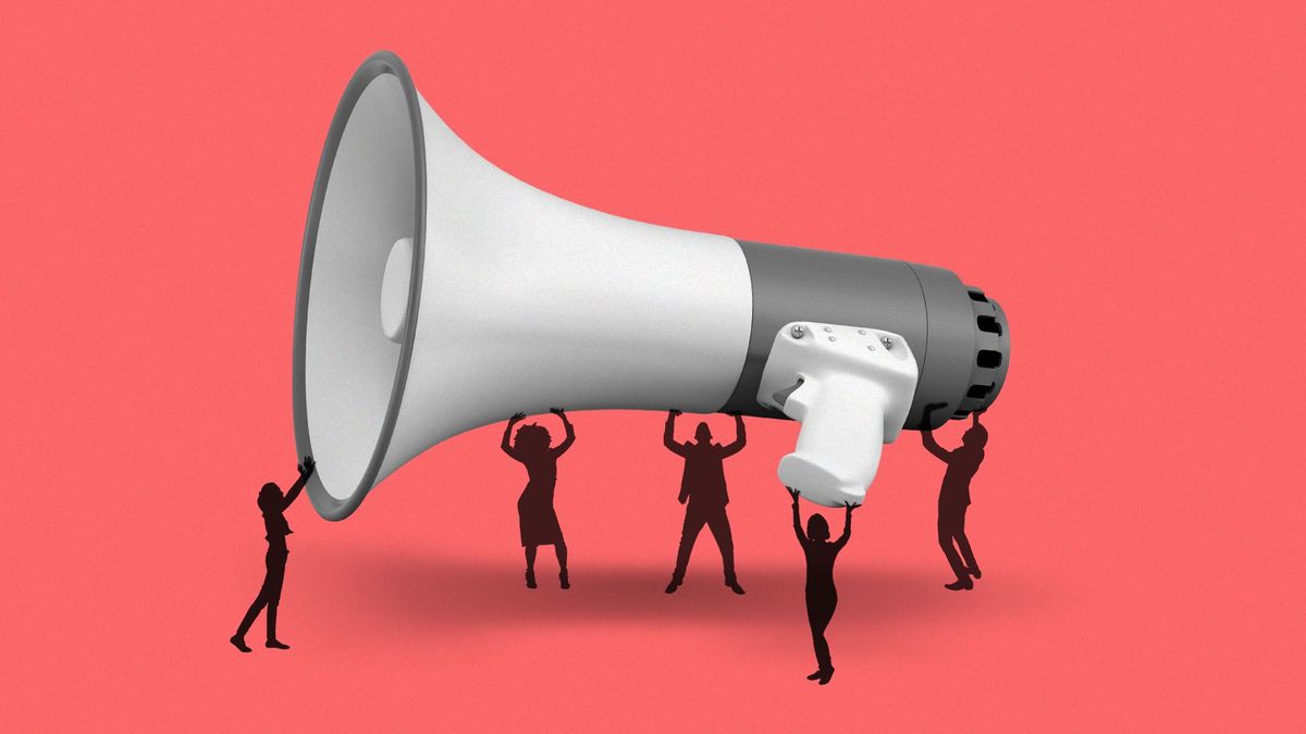 Illustration of people holding up a giant megaphone.