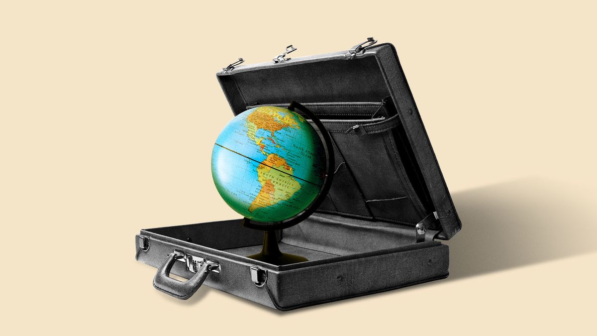 Illustration of a globe world map in an opened briefcase