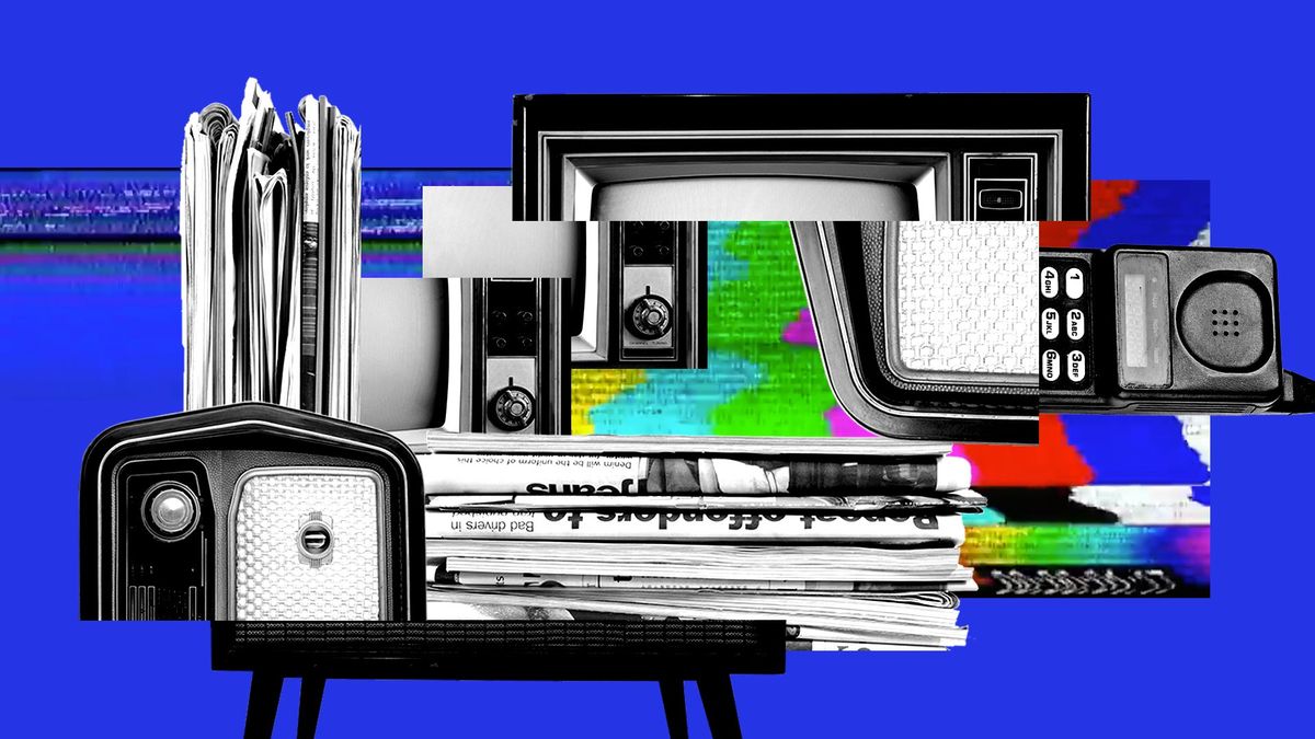 Illustration of different meda --TVs, newspapers, etc.