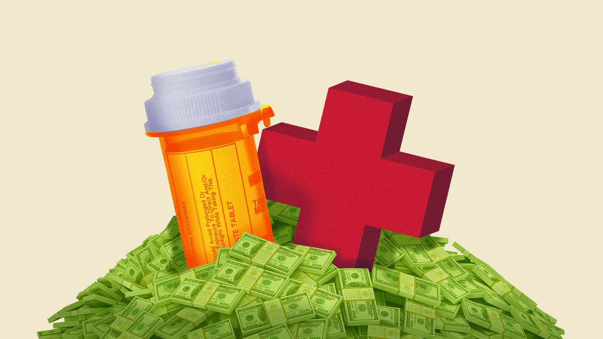 Illustration of a pill bottle and a large red cross atop a pile of money