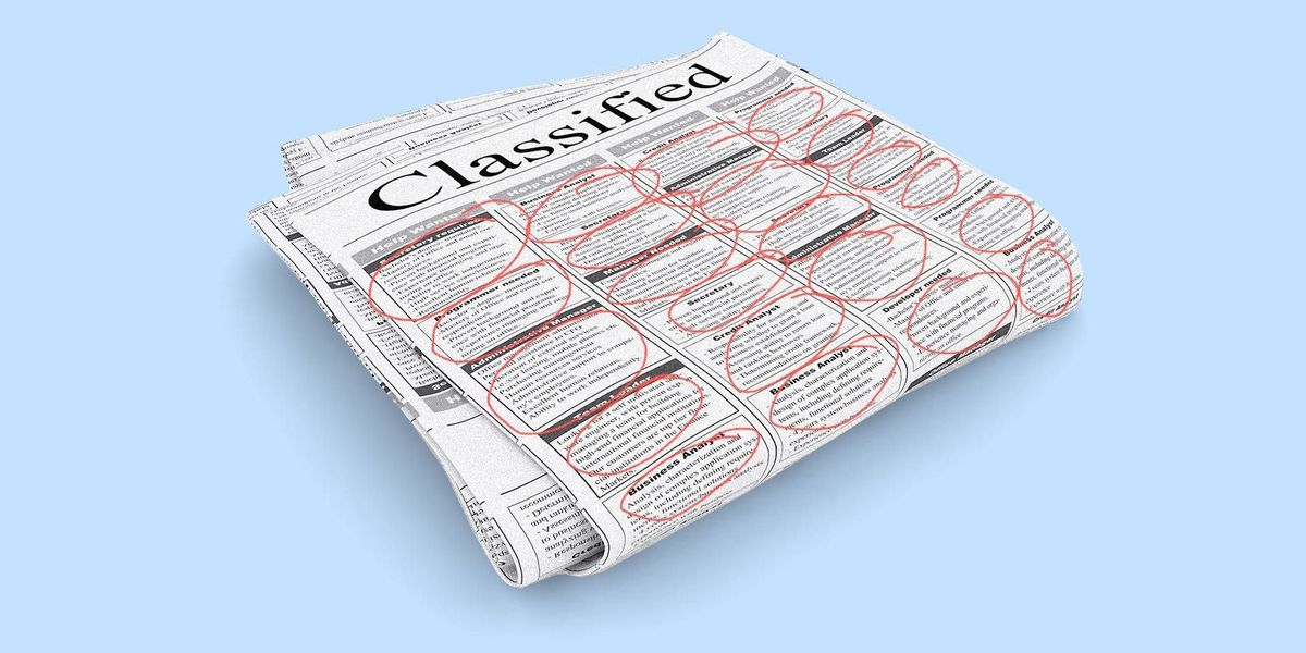 Illustration of the classified section of a newspaper with all the postings circled in red