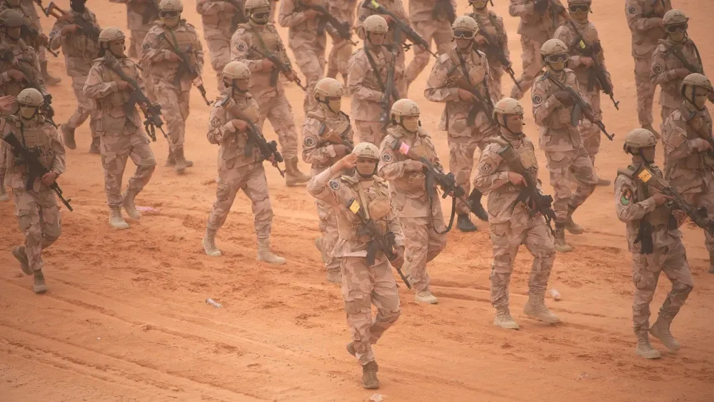 Libyan joint forces soldiers march across the parade grounds at the opening ceremony of Flintlock 2026 in Sirte, Libya on April 14, 2026. Since 2005, Flintlock has served as U.S. Africa Command’s prem...