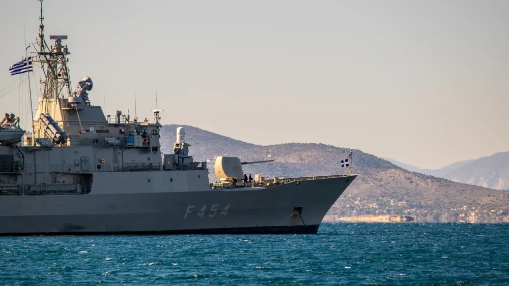 A Greek naval battleship in the Mediterranean.  Shutterstock