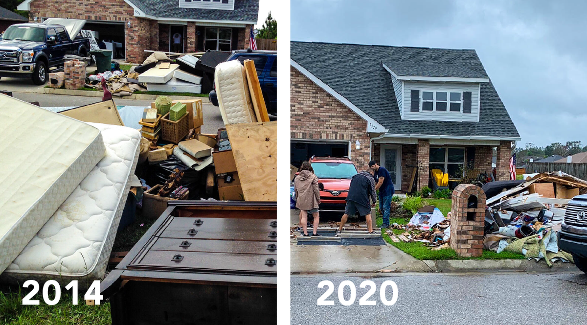 The same house shown damaged after the 2014 and 2020 storms.