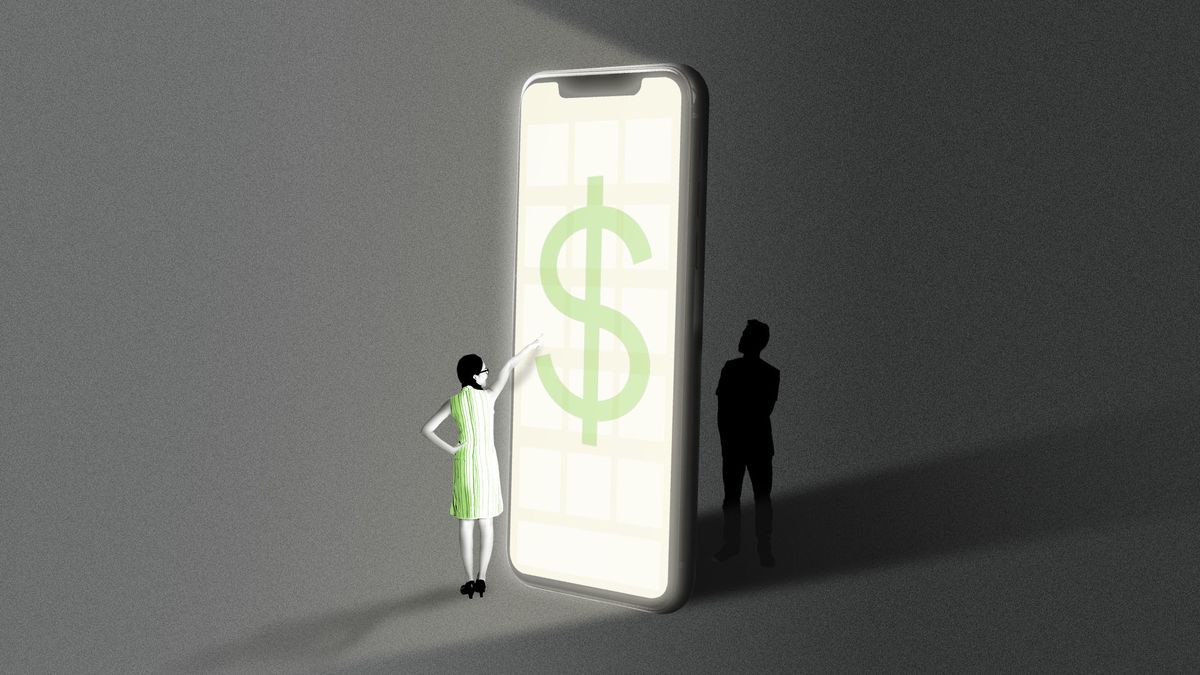 Illustration of a giant iPhone with a dollar sign on the screen, illuminating a woman standing in front of the phone while a man stands in the shadow behind.